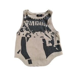 Goodtimeusa Womens Rib Knit Studded Graphic Crop TankTop Tan Gray Size M 28133